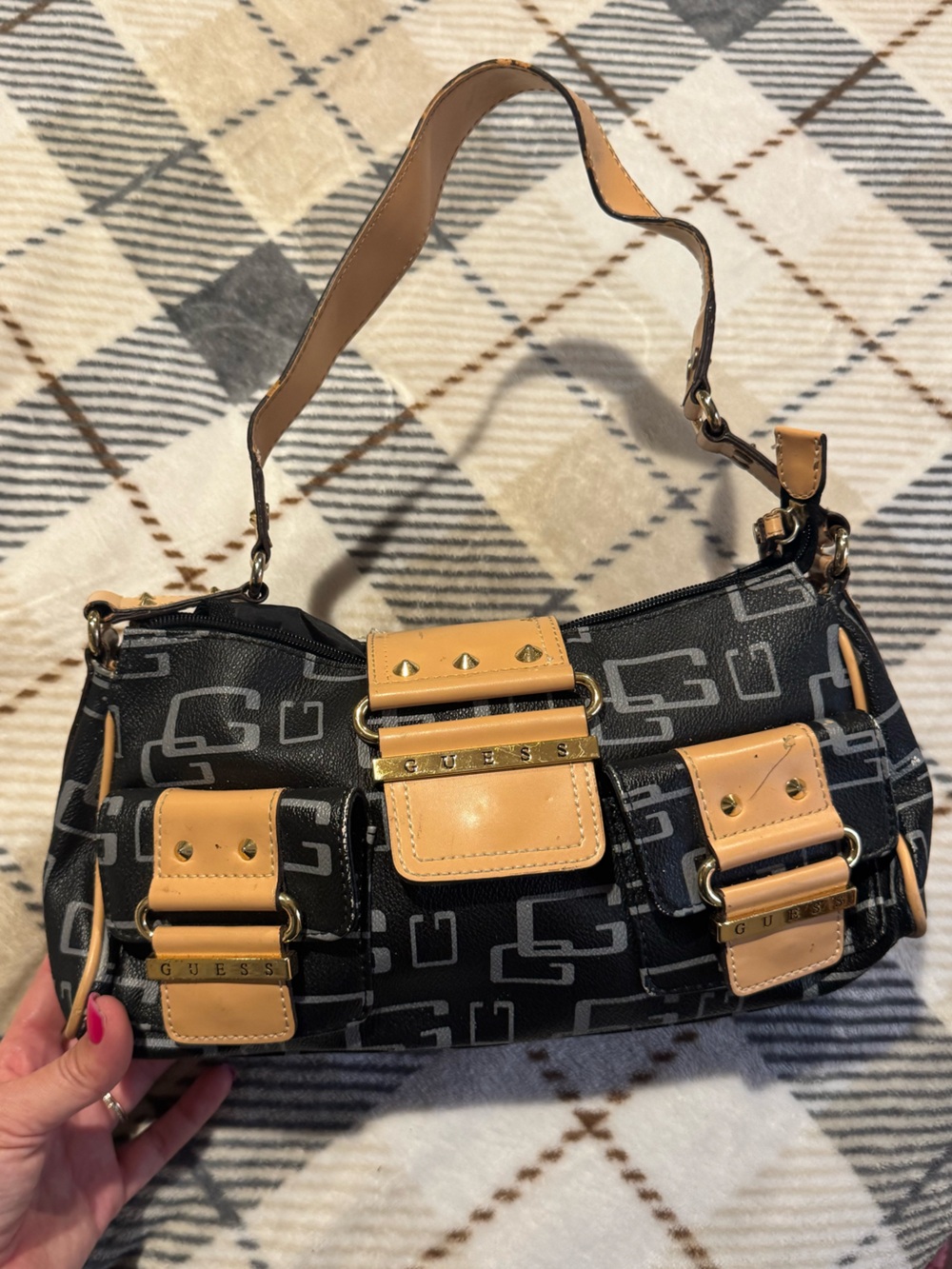 Guess Black Logo Shoulder Bag with Tan Accents